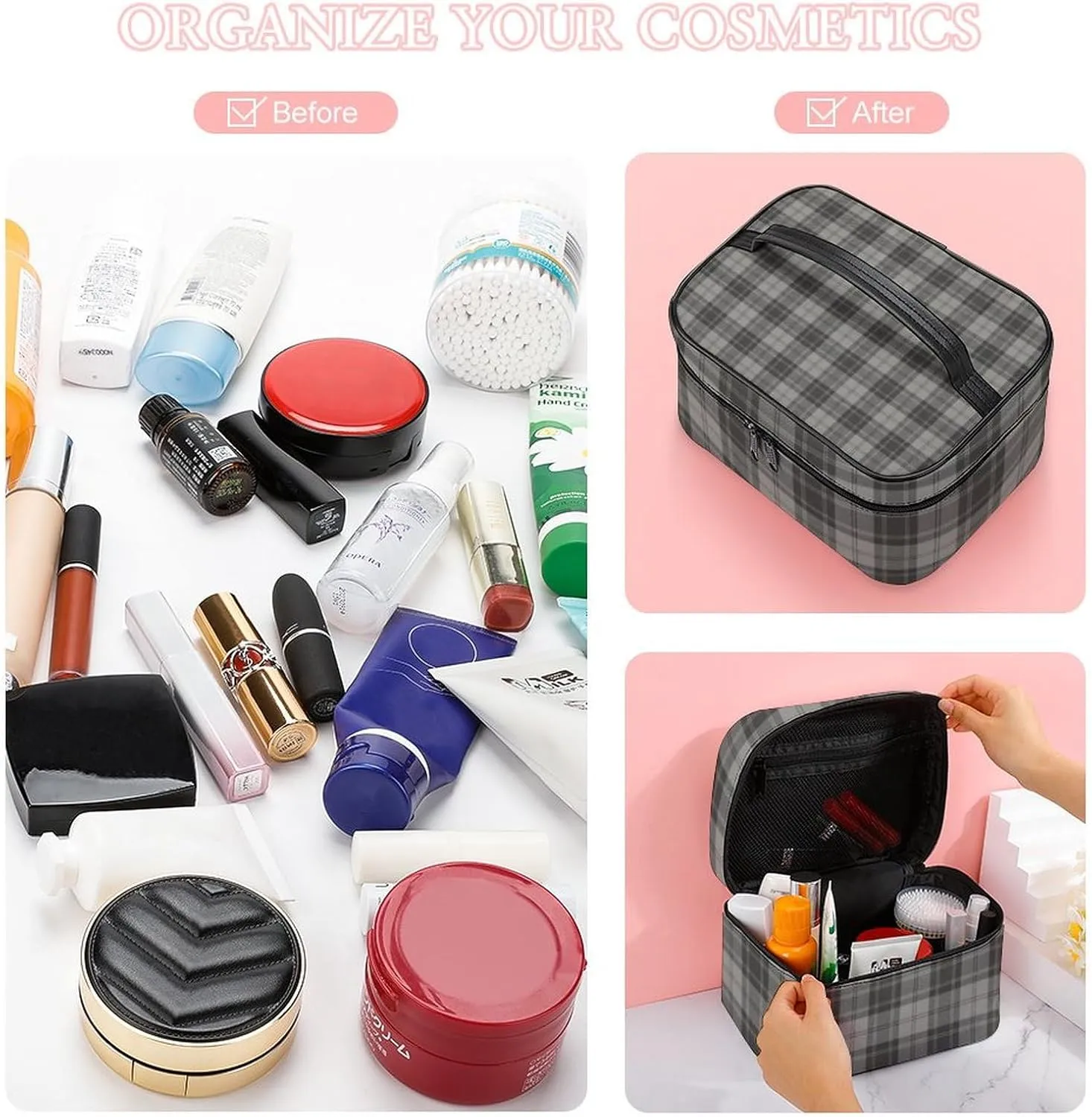 Douglas Grey Tartain Plaid Black Gray Large Capacity Soft And High-value Practical Makeup And Wash Bag