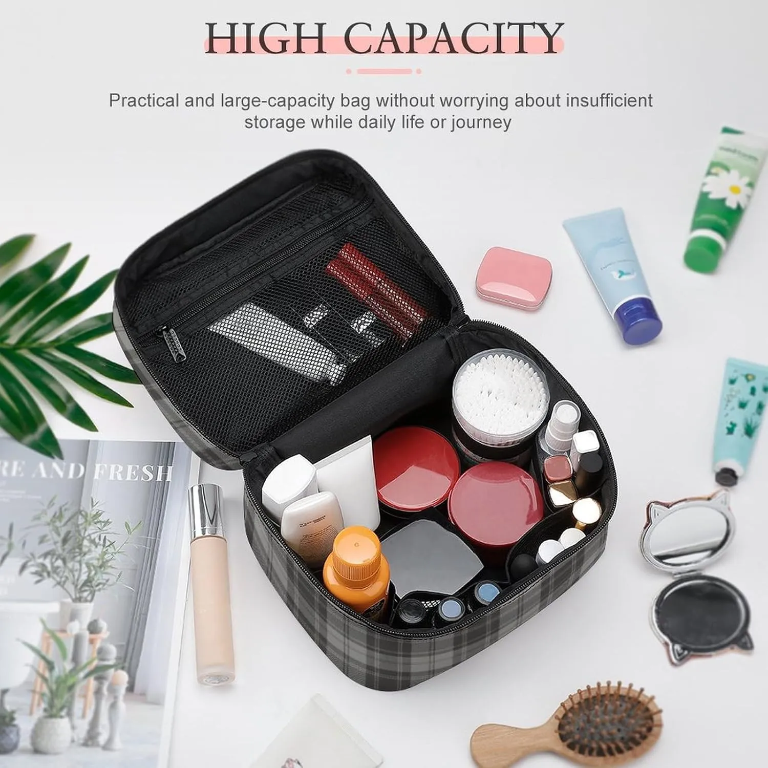 Douglas Grey Tartain Plaid Black Gray Large Capacity Soft And High-value Practical Makeup And Wash Bag