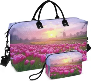 Duffel Bag for Traveling, Tulip Field Windmill Travel Bag Gym Bag, with Multiple Interior Pockets Shoulder Weekender Bag for Women Men with Toiletry Bag 20.5L x 7.9W x 13.8H