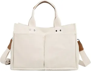 Durable Canvas Tote Bag with Handle,Magnetic Snap Closure Large Capacity Mommy Bag for Women,Multi-Pocket Messenger Bag,Reusable Shoulder Bag (Canvas White)