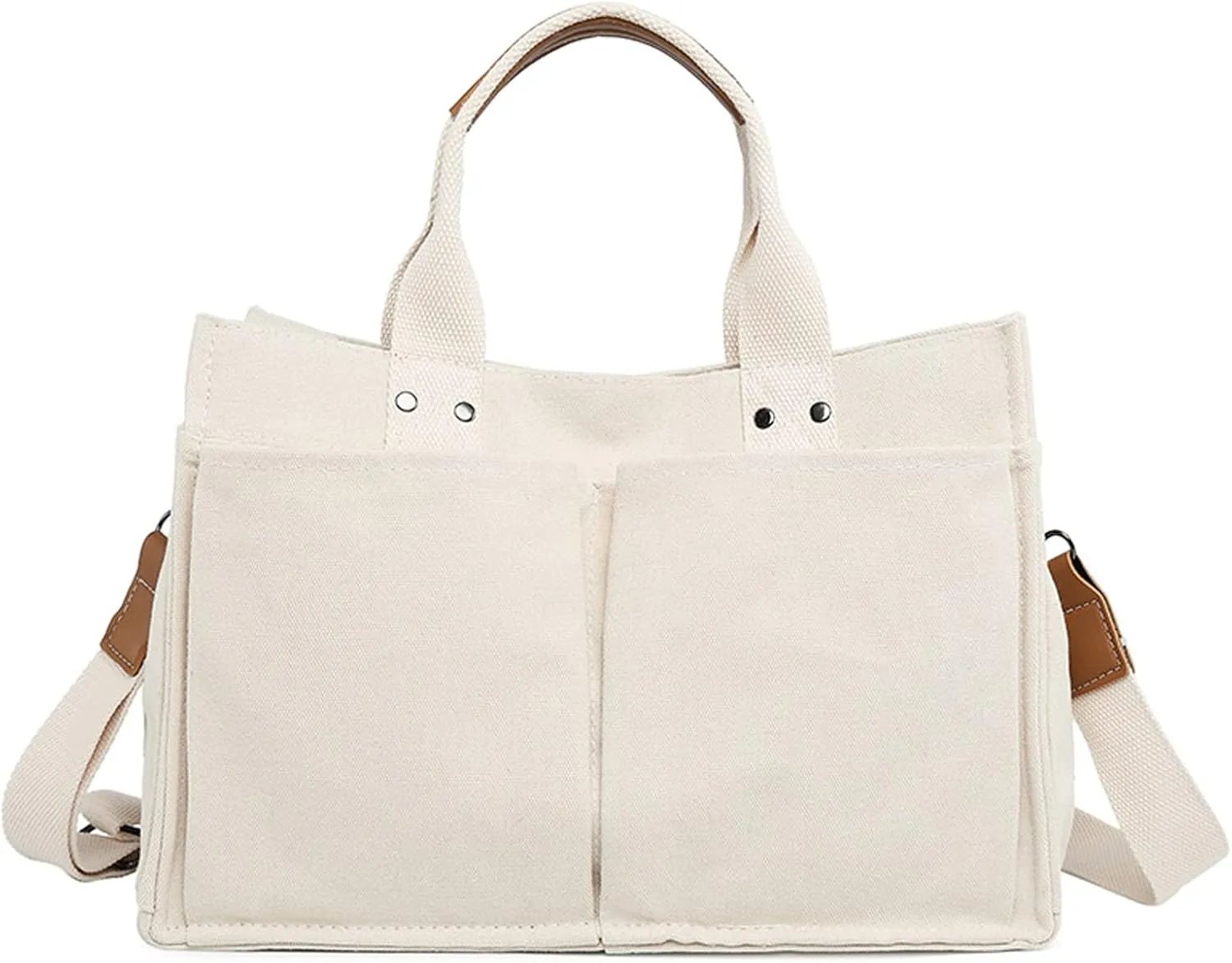 Durable Canvas Tote Bag with Handle,Magnetic Snap Closure Large Capacity Mommy Bag for Women,Multi-Pocket Messenger Bag,Reusable Shoulder Bag (Canvas White)