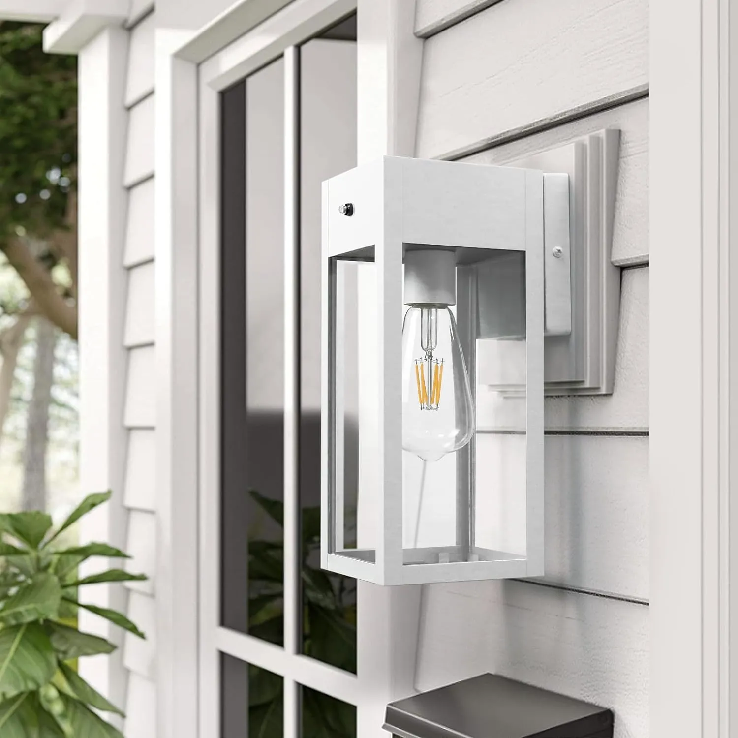 Dusk to Dawn Outdoor Light Fixtures Wall Mount, Outdoor Porch Lights with Outlet, Dusk to Dawn Outdoor Lighting for Doorway, Garage- White