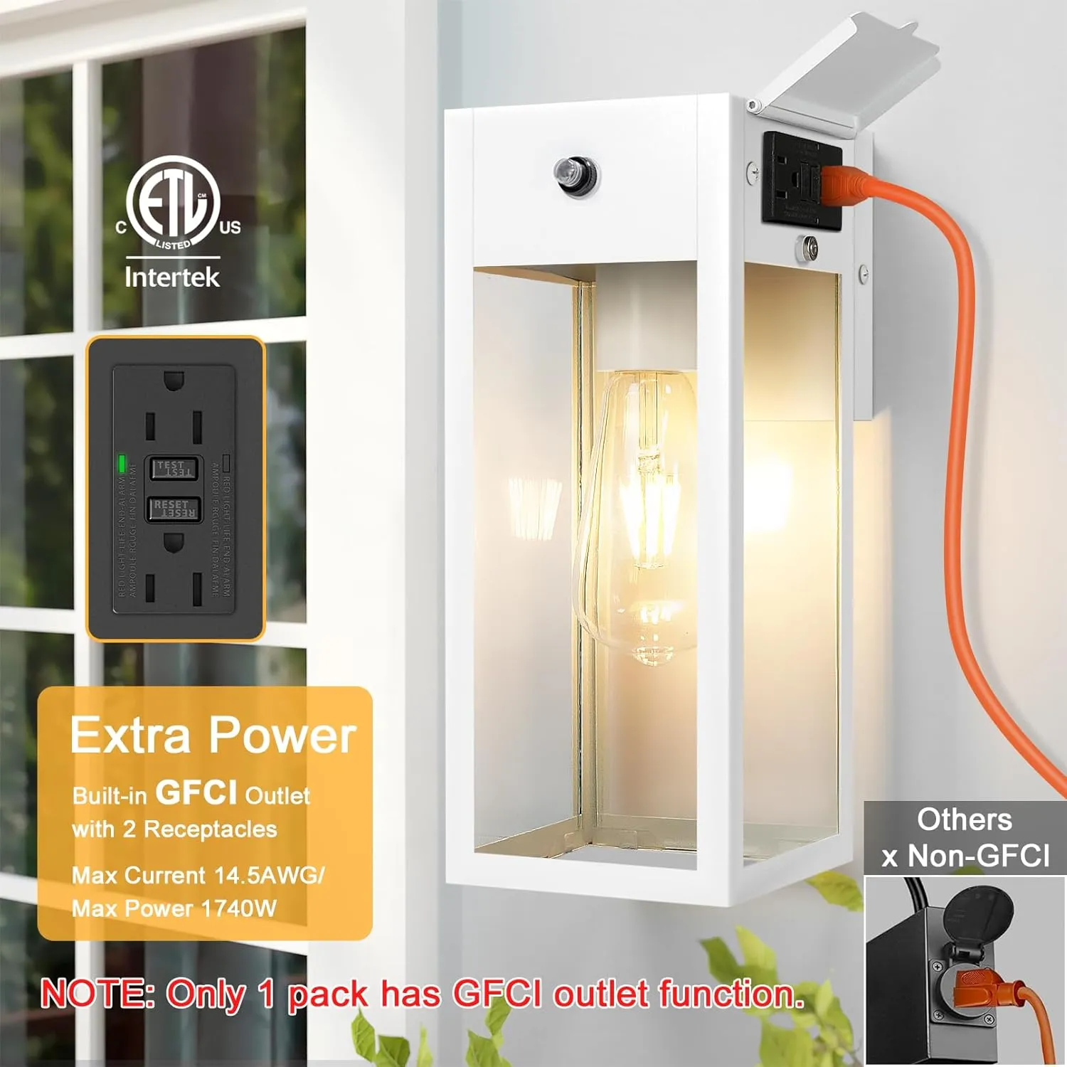 Dusk to Dawn Outdoor Light Fixtures Wall Mount, Outdoor Porch Lights with Outlet, Dusk to Dawn Outdoor Lighting for Doorway, Garage- White