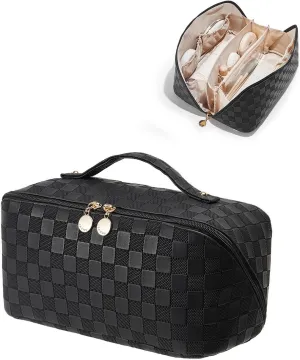 EACHY Travel Makeup Bag,Large Capacity Cosmetic Bags for Women,Waterproof Portable Pouch Open Flat Toiletry Bag Make up Organizer with Divider and Handle
