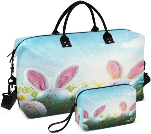 Easter Colorful Eggs Travel Duffel Bags 2PCS,Sports Duffel Bags for Men Women,Weekender Overnight Bag Gym Tote Bag with Toiletry Bag