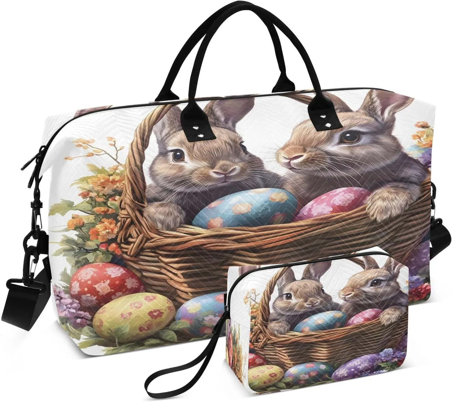 Easter Cute Rabbit and Egg Travel Duffel Bags 2PCS,Sports Duffel Bags for Men Women,Weekender Overnight Bag Gym Tote Bag with Toiletry Bag