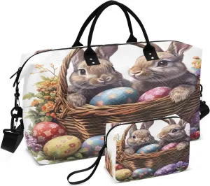 Easter Cute Rabbit and Egg Travel Duffel Bags 2PCS,Sports Duffel Bags for Men Women,Weekender Overnight Bag Gym Tote Bag with Toiletry Bag
