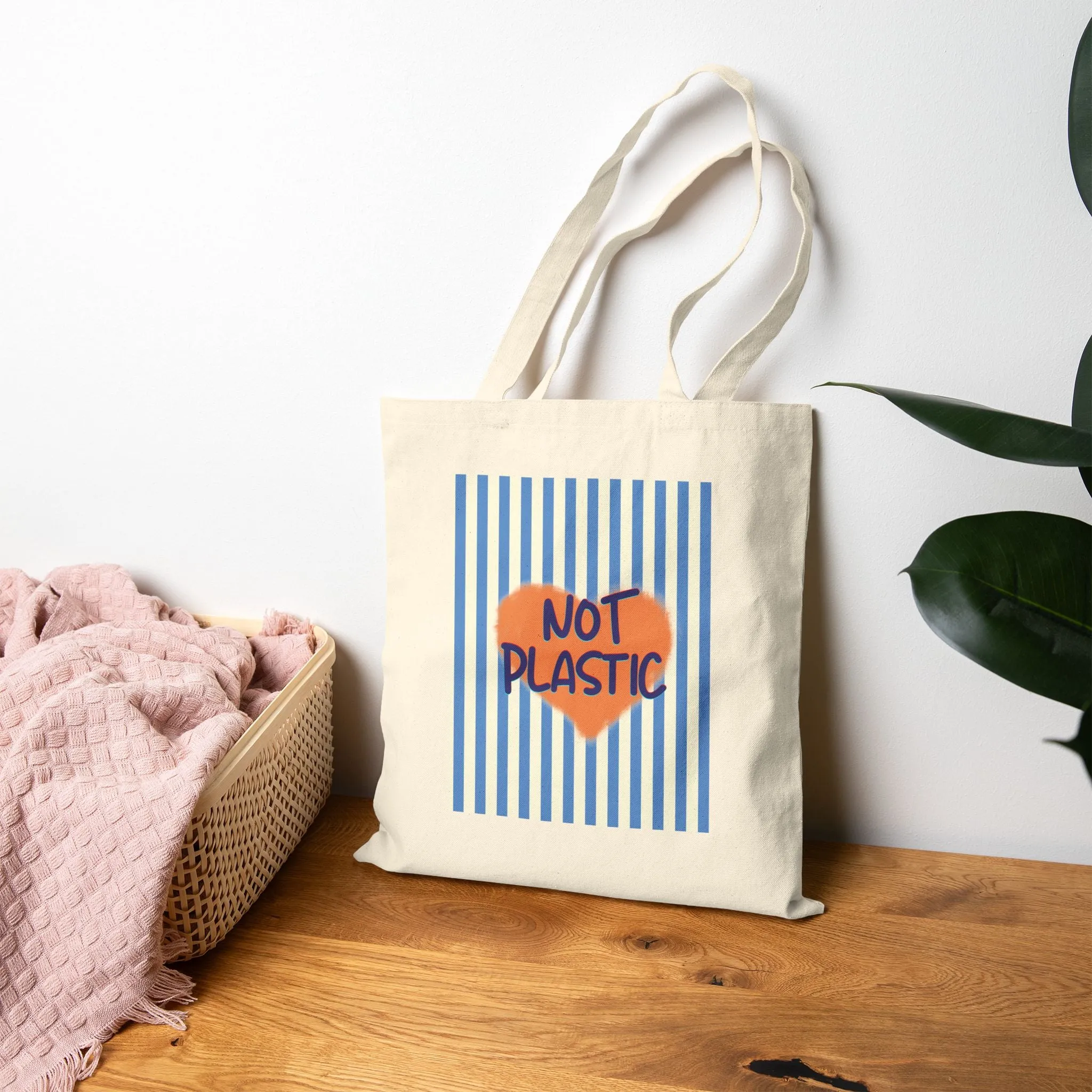 Eco-Message  "Not Plastic" Cotton Canvas Tote Bag, BLUE