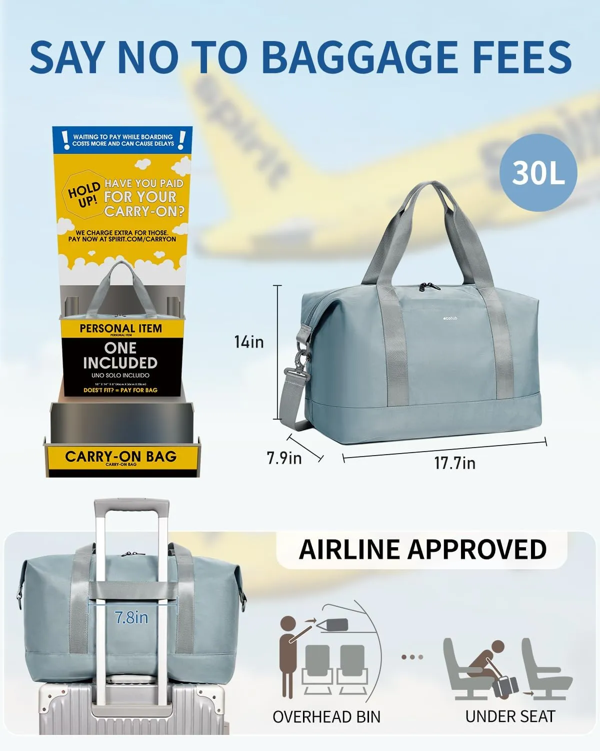 ECOHUB For Spirit Airlines Personal Item Bag 18x14x8 Underseat Carry on Luggage with Removable Wet Bag, Travel Duffel Bags Weekender for Women, 30L (Grey)