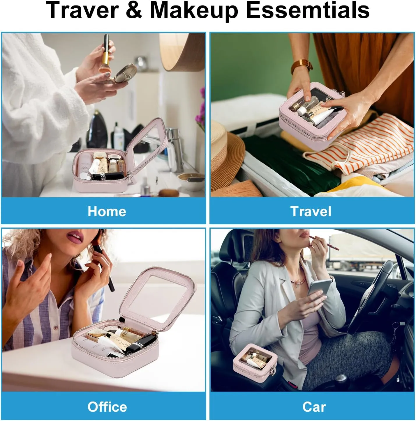 EcoVision Clear Makeup Bag, Travel Cosmetic Accessory Bag, Toiletry Organizer Bags for Women, Portable Waterproof Zipper Cosmetic Bag with Transparent Window