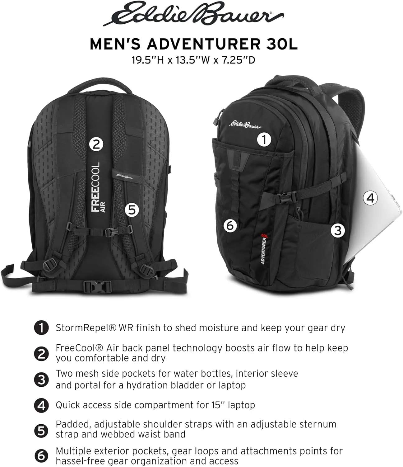 Eddie Bauer Backpack with Organization Compartments and Hydration/Laptop Compatible Sleeve, Adventurer-Storm, 30L
