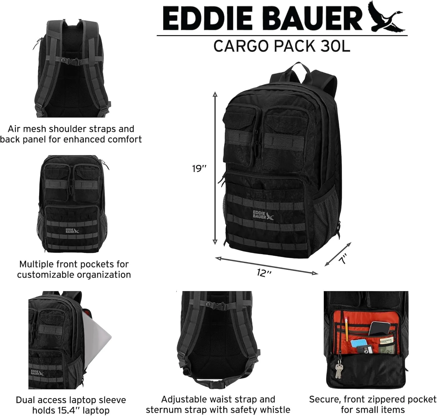 Eddie Bauer Cargo Backpack with Organization Compartments and Hydration/Laptop Compatible Sleeve, Moss Grey, 30L