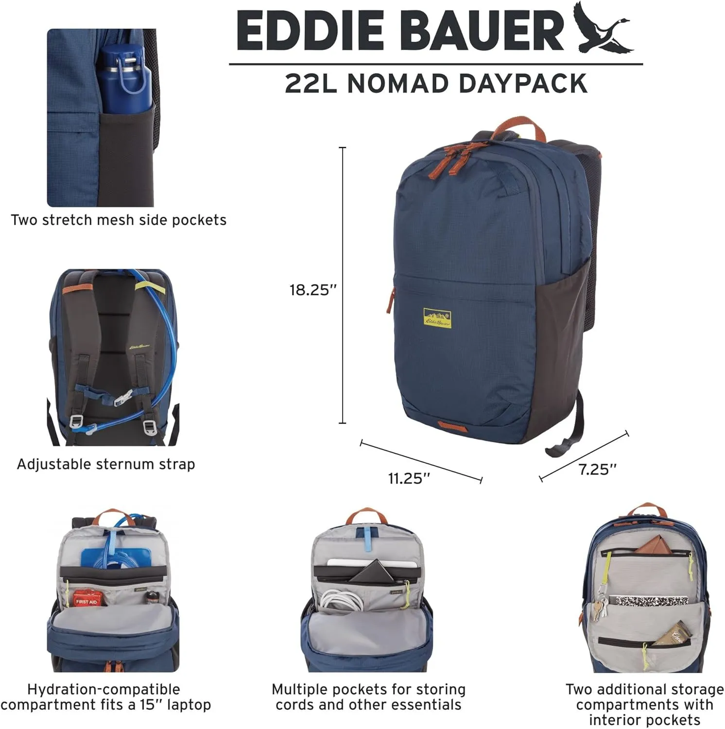 Eddie Bauer Nomad Backpack with Compression Straps and Hydration/Laptop Compatible Sleeve, Carbon, 22L