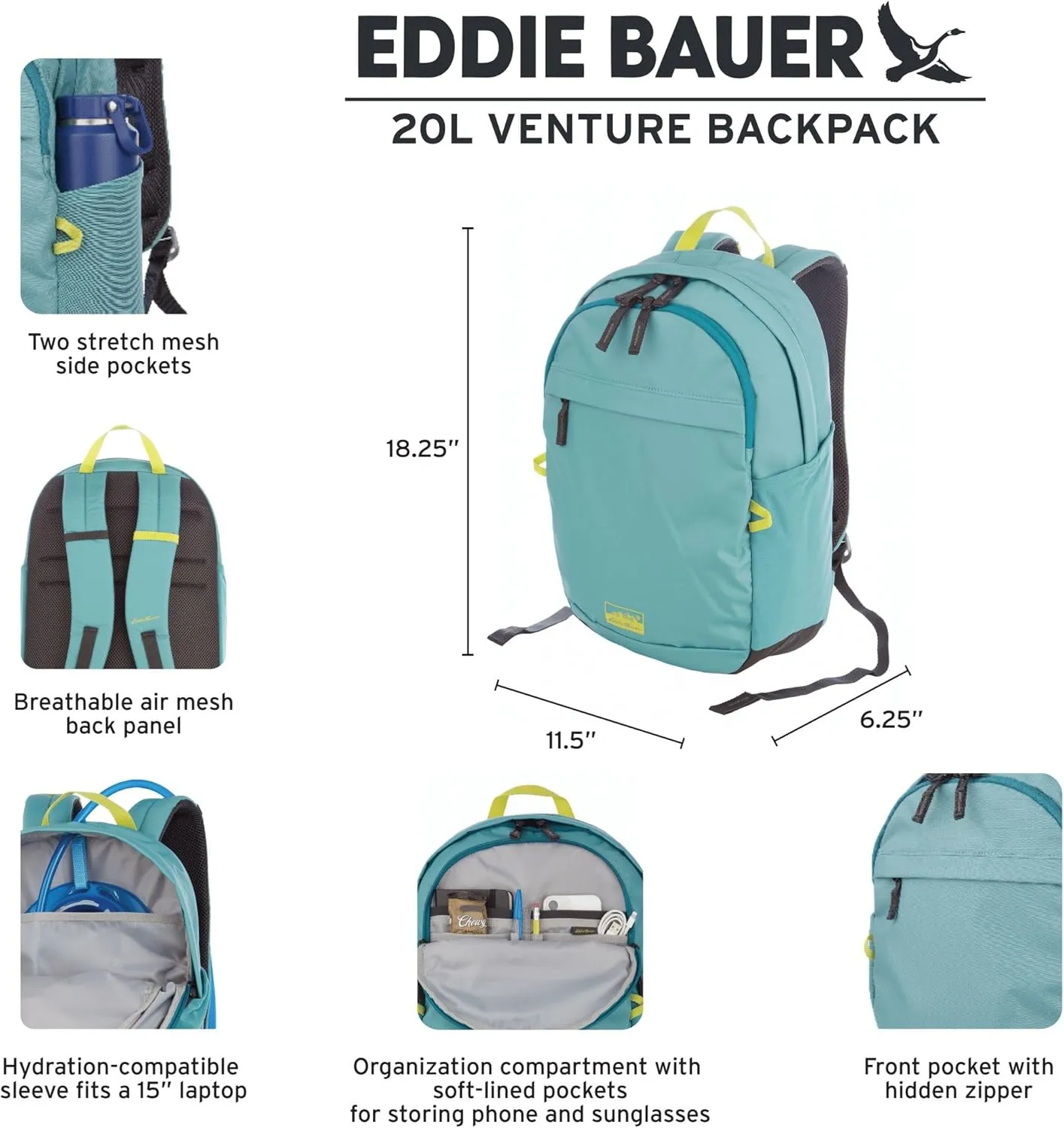 Eddie Bauer Venture Backpack with Organization Compartments and Hydration/Laptop Compatible Sleeve, Carbon Black, 20L