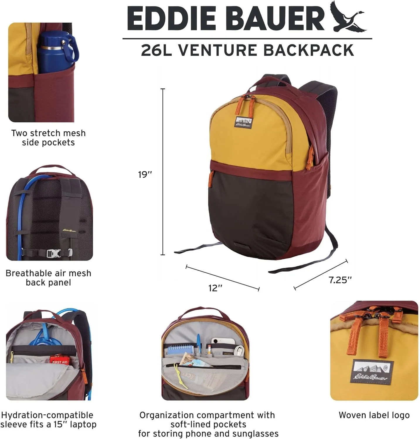 Eddie Bauer Venture Backpack with Organization Compartments and Hydration/Laptop Compatible Sleeve, Carbon Black, 26L