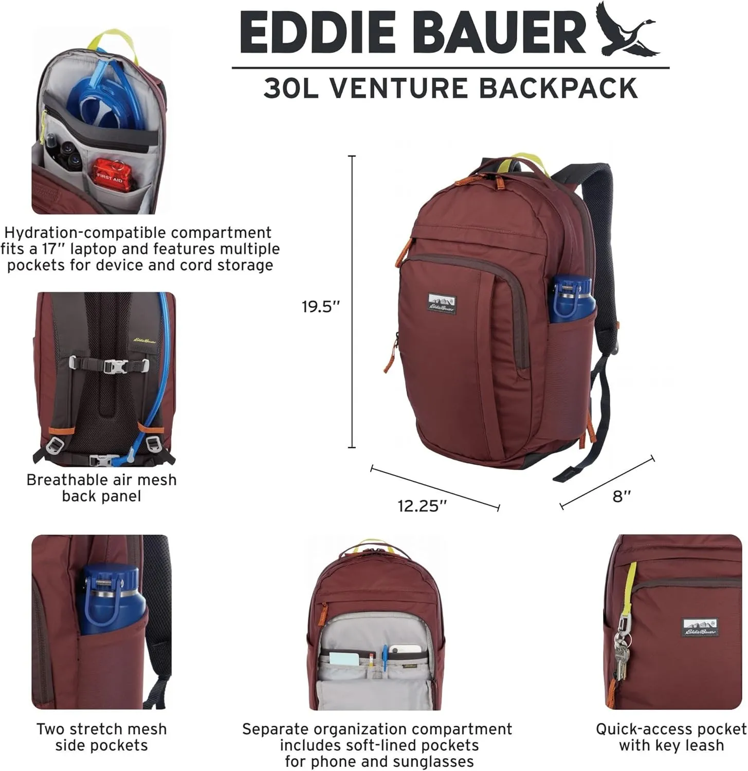 Eddie Bauer Venture Backpack with Organization Compartments and Hydration/Laptop Compatible Sleeve, Dusty Jade, 30L