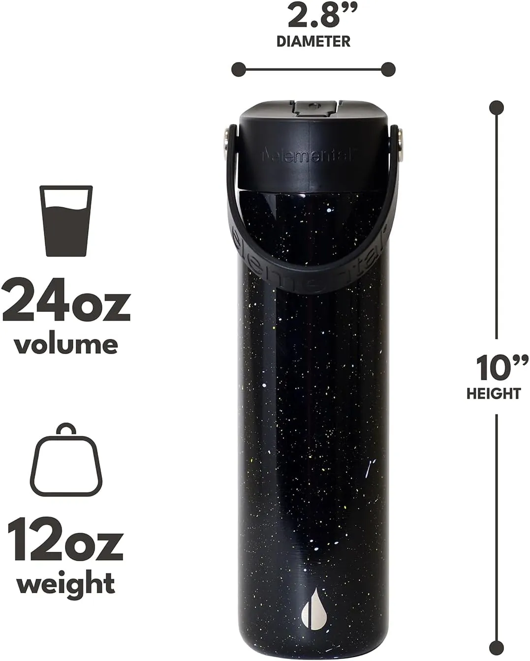 Elemental Stainless Steel Water Bottle with Straw - Leak Proof Double Wall Insulated Water Bottles for Travel, Sports and Gym - BPA Free Sport Thermos with Flip-up Straws - 24oz, Black Speckle