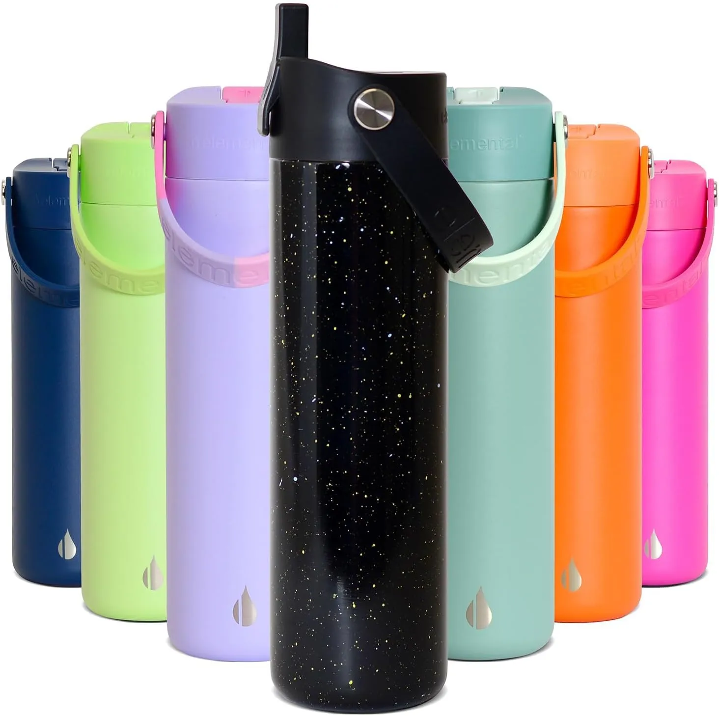 Elemental Stainless Steel Water Bottle with Straw - Leak Proof Double Wall Insulated Water Bottles for Travel, Sports and Gym - BPA Free Sport Thermos with Flip-up Straws - 24oz, Black Speckle