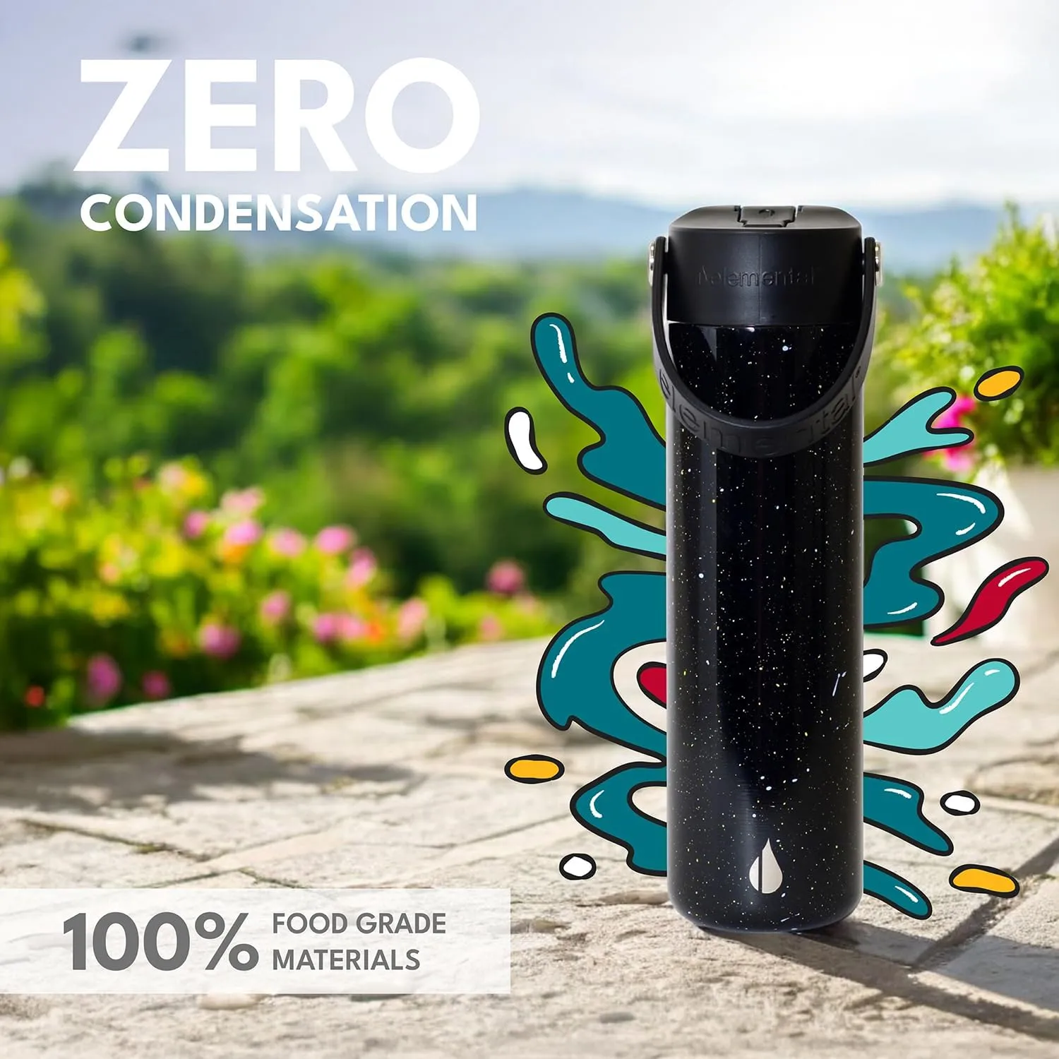 Elemental Stainless Steel Water Bottle with Straw - Leak Proof Double Wall Insulated Water Bottles for Travel, Sports and Gym - BPA Free Sport Thermos with Flip-up Straws - 24oz, Black Speckle