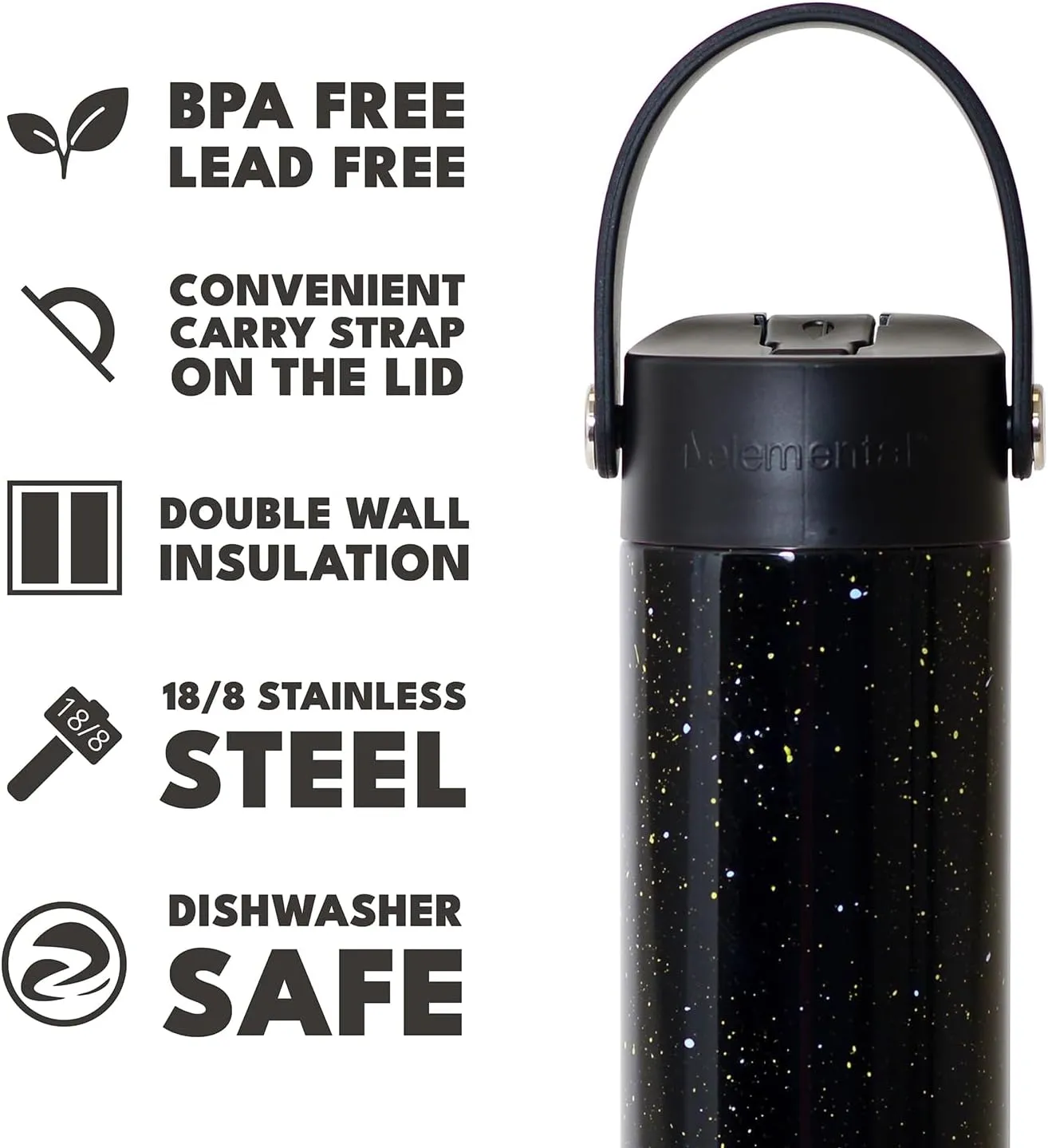 Elemental Stainless Steel Water Bottle with Straw - Leak Proof Double Wall Insulated Water Bottles for Travel, Sports and Gym - BPA Free Sport Thermos with Flip-up Straws - 24oz, Black Speckle