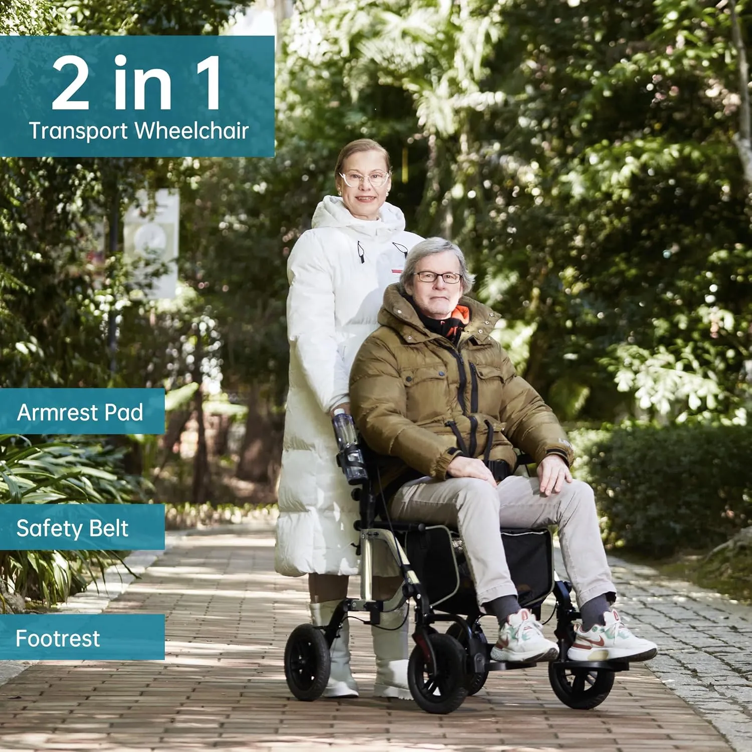 ELENKER All-Terrain 2 in 1 Rollator Walker & Transport Chair, Folding Wheelchair with 10” Non-Pneumatic Wheels for Seniors, Reversible Backrest & Detachable Footrests, Champagne
