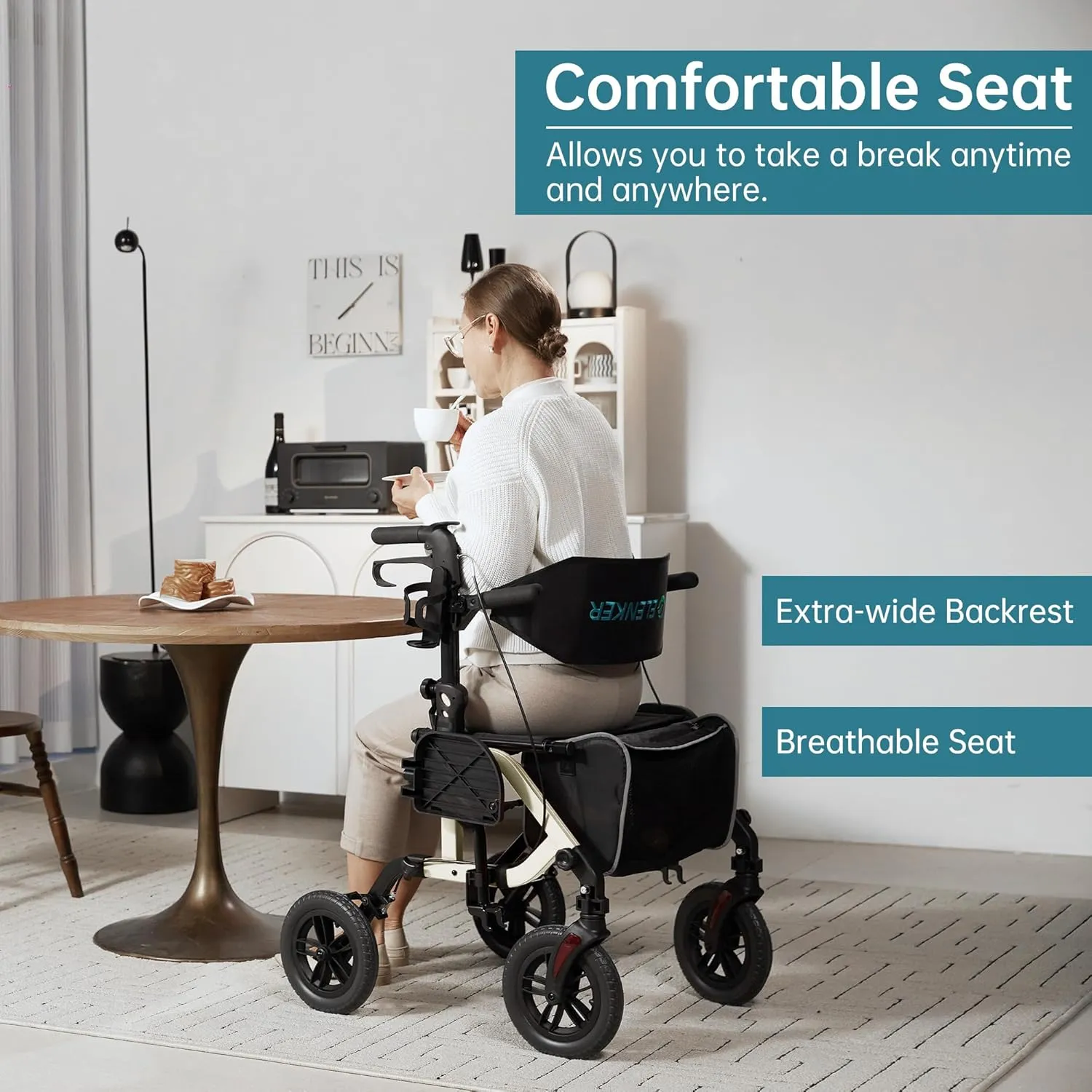 ELENKER All-Terrain 2 in 1 Rollator Walker & Transport Chair, Folding Wheelchair with 10” Non-Pneumatic Wheels for Seniors, Reversible Backrest & Detachable Footrests, Champagne