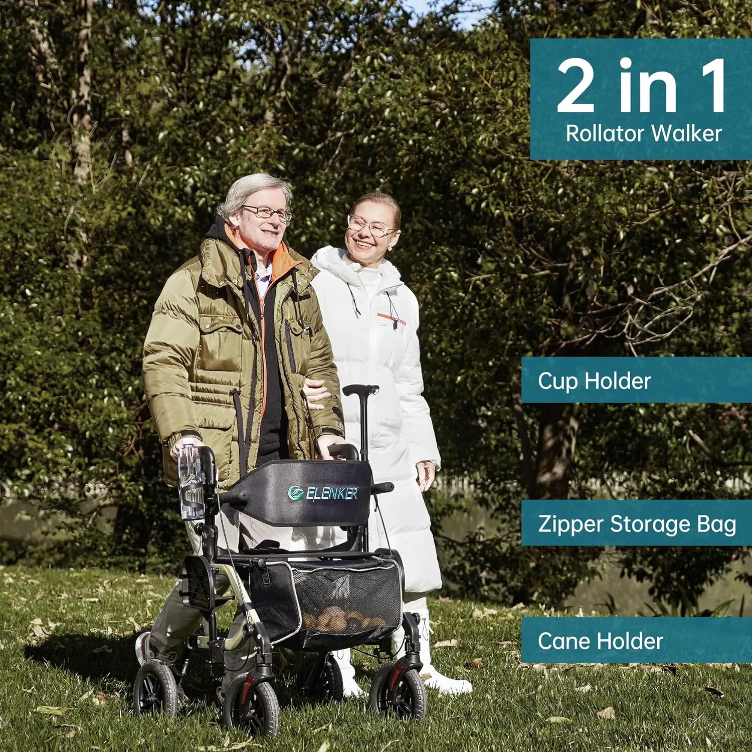 ELENKER All-Terrain 2 in 1 Rollator Walker & Transport Chair, Folding Wheelchair with 10” Non-Pneumatic Wheels for Seniors, Reversible Backrest & Detachable Footrests, Champagne