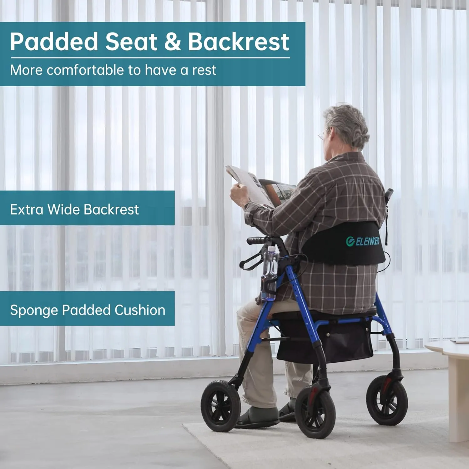 ELENKER All-Terrain Rollator Walker with 10” Non-Pneumatic Wheels, Sponge Padded Seat and Backrest, Fully Adjustment Frame for Seniors, Blue