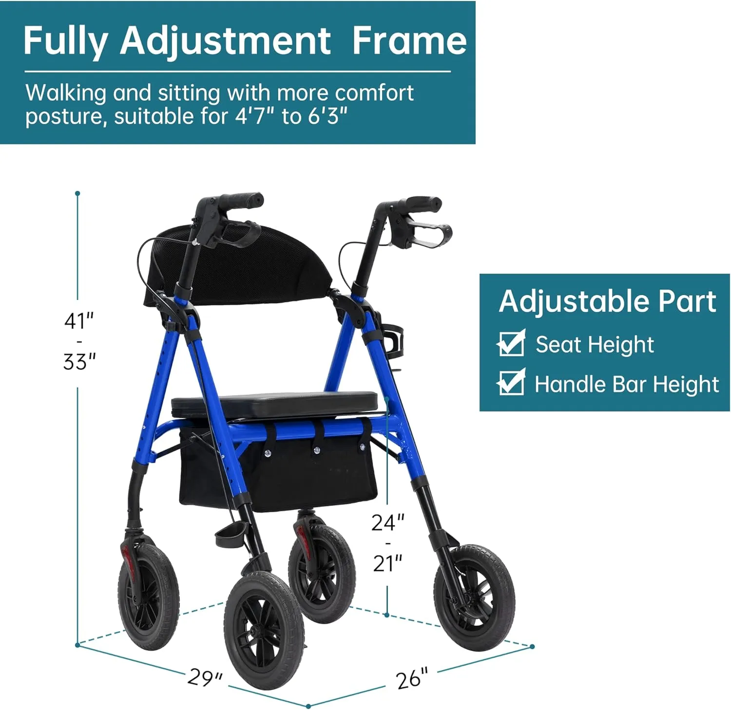 ELENKER All-Terrain Rollator Walker with 10” Non-Pneumatic Wheels, Sponge Padded Seat and Backrest, Fully Adjustment Frame for Seniors, Blue