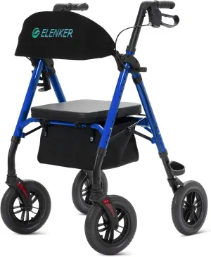 ELENKER All-Terrain Rollator Walker with 10” Non-Pneumatic Wheels, Sponge Padded Seat and Backrest, Fully Adjustment Frame for Seniors, Blue
