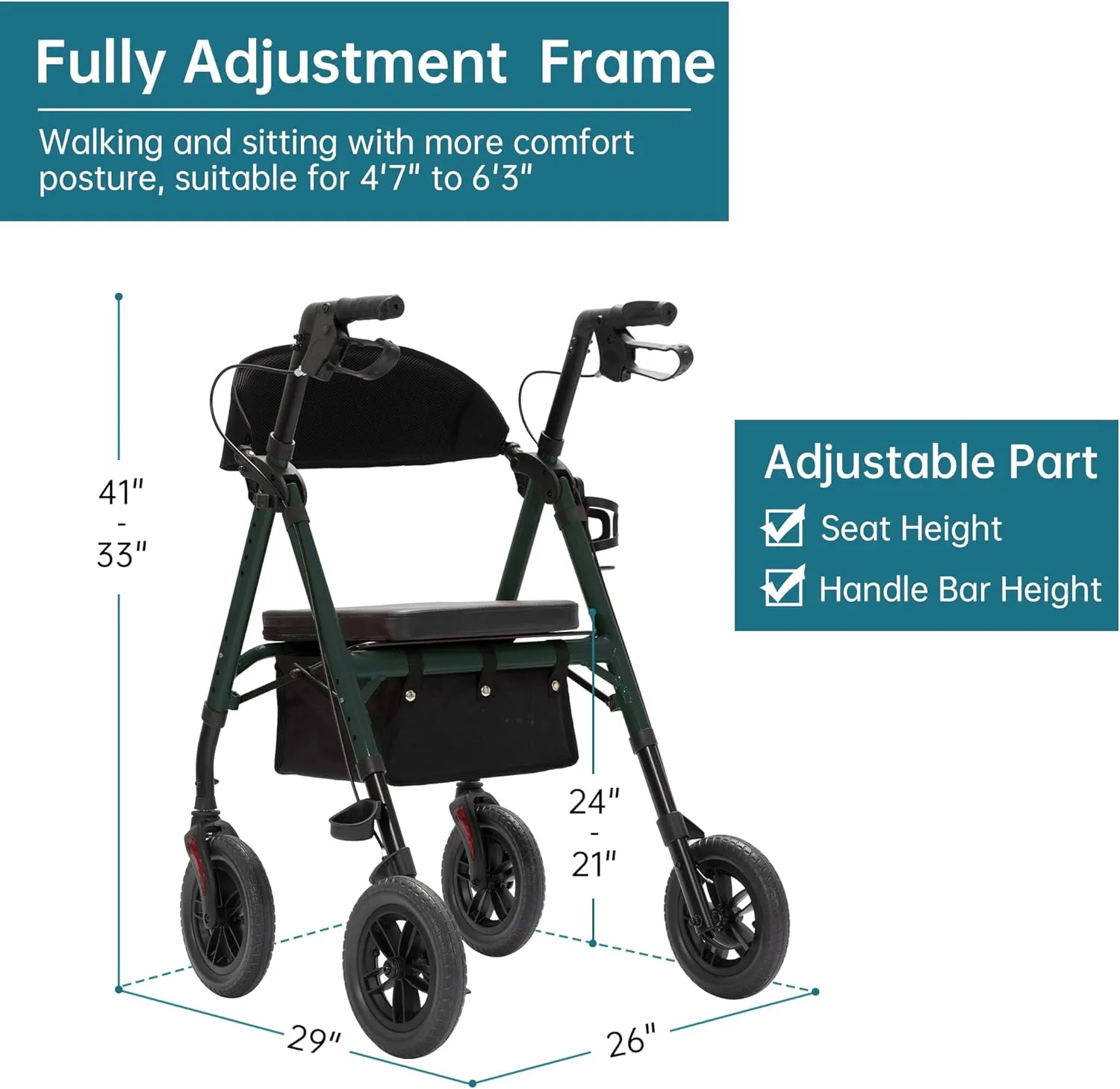 ELENKER All-Terrain Rollator Walker with 10” Non-Pneumatic Wheels, Sponge Padded Seat and Backrest, Fully Adjustment Frame for Seniors, Green