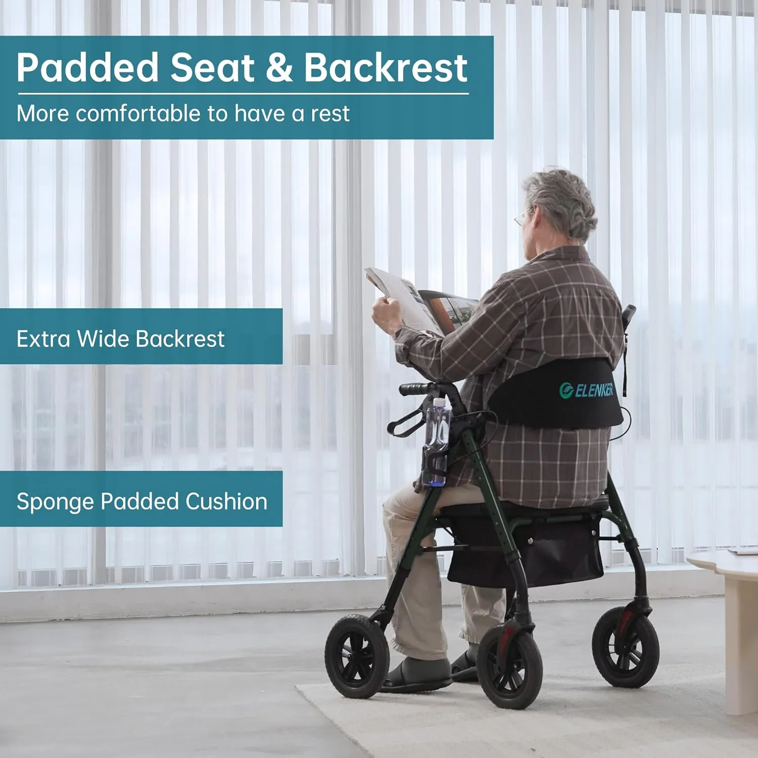 ELENKER All-Terrain Rollator Walker with 10” Non-Pneumatic Wheels, Sponge Padded Seat and Backrest, Fully Adjustment Frame for Seniors, Green