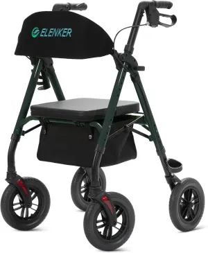 ELENKER All-Terrain Rollator Walker with 10” Non-Pneumatic Wheels, Sponge Padded Seat and Backrest, Fully Adjustment Frame for Seniors, Green