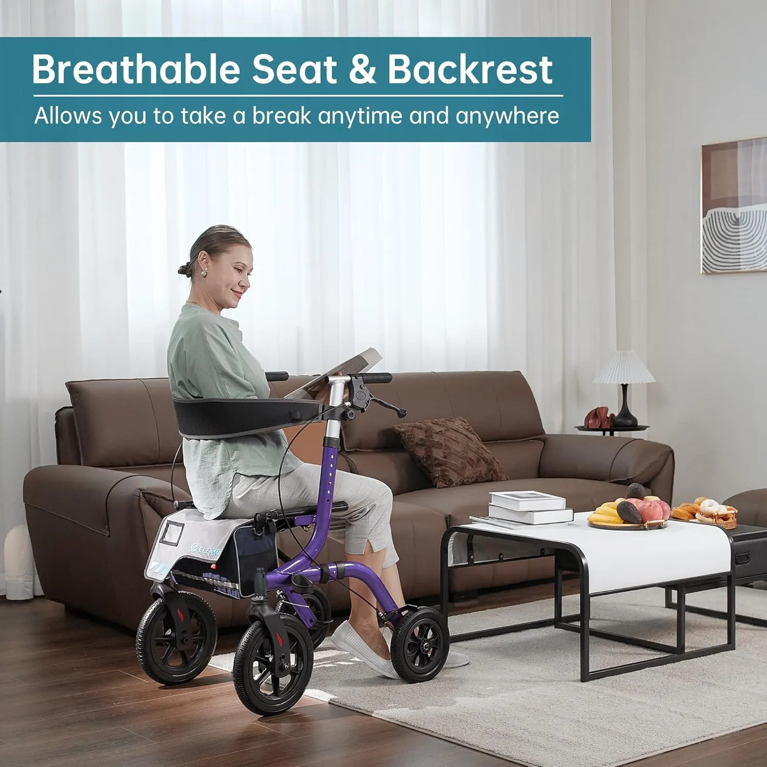 ELENKER All-Terrain Rollator Walker with Seat, Outdoor Rolling Walker, 12” Non-Pneumatic Tire Front Wheels, Compact Folding Design for Seniors, Purple