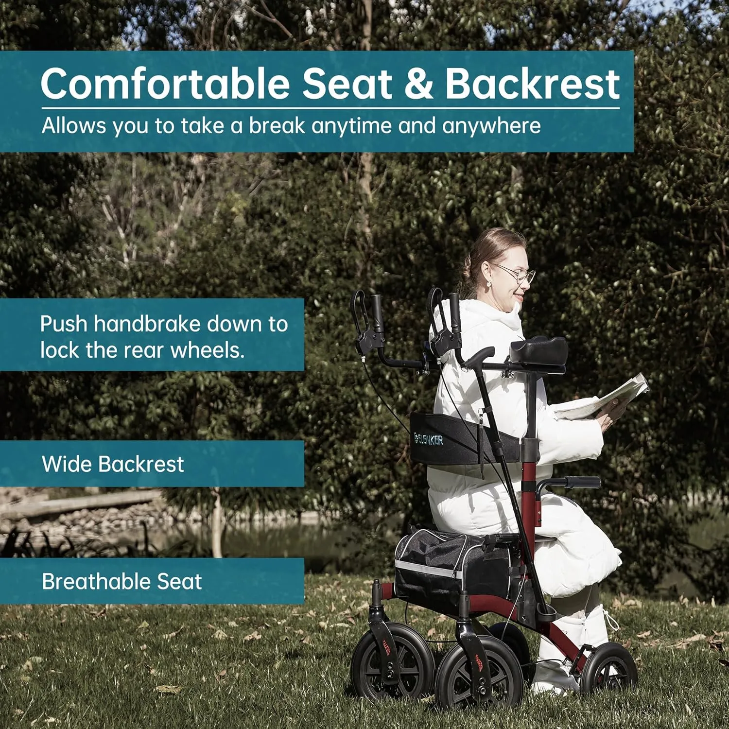 ELENKER All-Terrain Upright Rollator Walker, Stand up Rolling Walker with Seat, 12” Non-Pneumatic Tire Wheels, Compact Folding Design for Seniors, Red