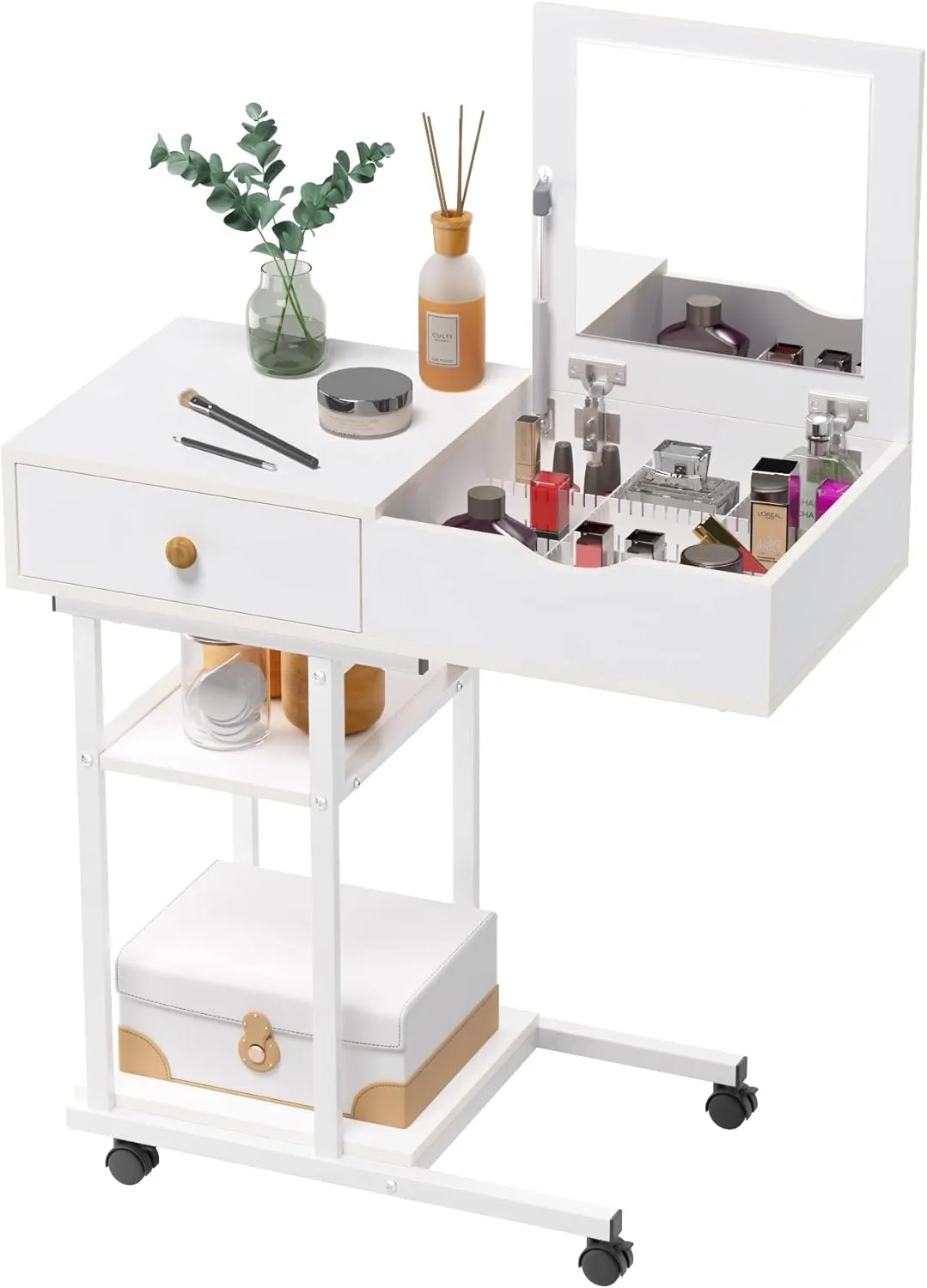Elephance Moveable Vanity Desk with Mirror for Small Spaces, Makeup Dressing Table Computer Desk with Drawers and Shelves for Bedroom