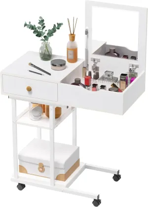 Elephance Moveable Vanity Desk with Mirror for Small Spaces, Makeup Dressing Table Computer Desk with Drawers and Shelves for Bedroom
