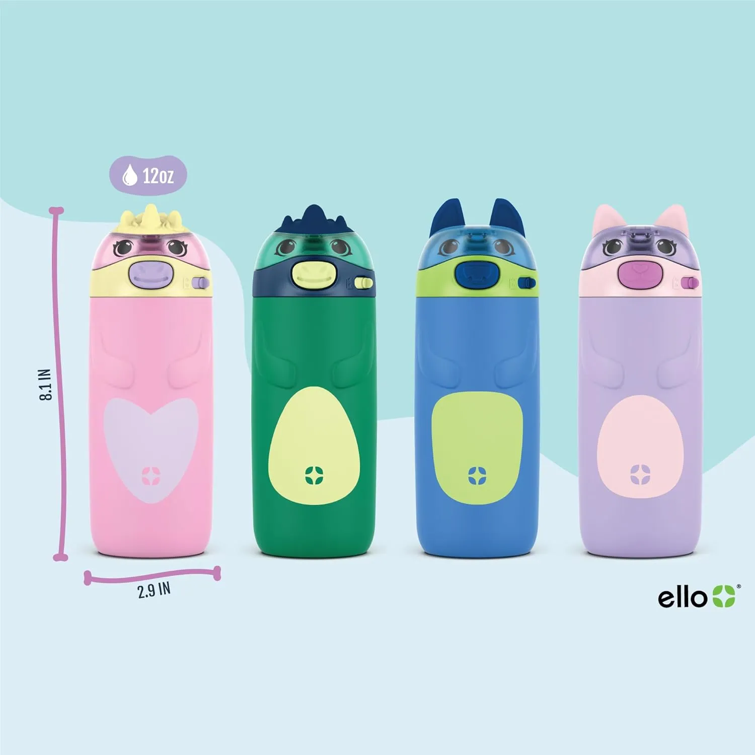 Ello Ellies 12oz Vacuum Insulated Stainless Steel Kids Water Bottle with Straw and Built-in Carrying Handle and Leak-Proof Locking Lid for School Backpack, Lunchbox and Outdoor Sports