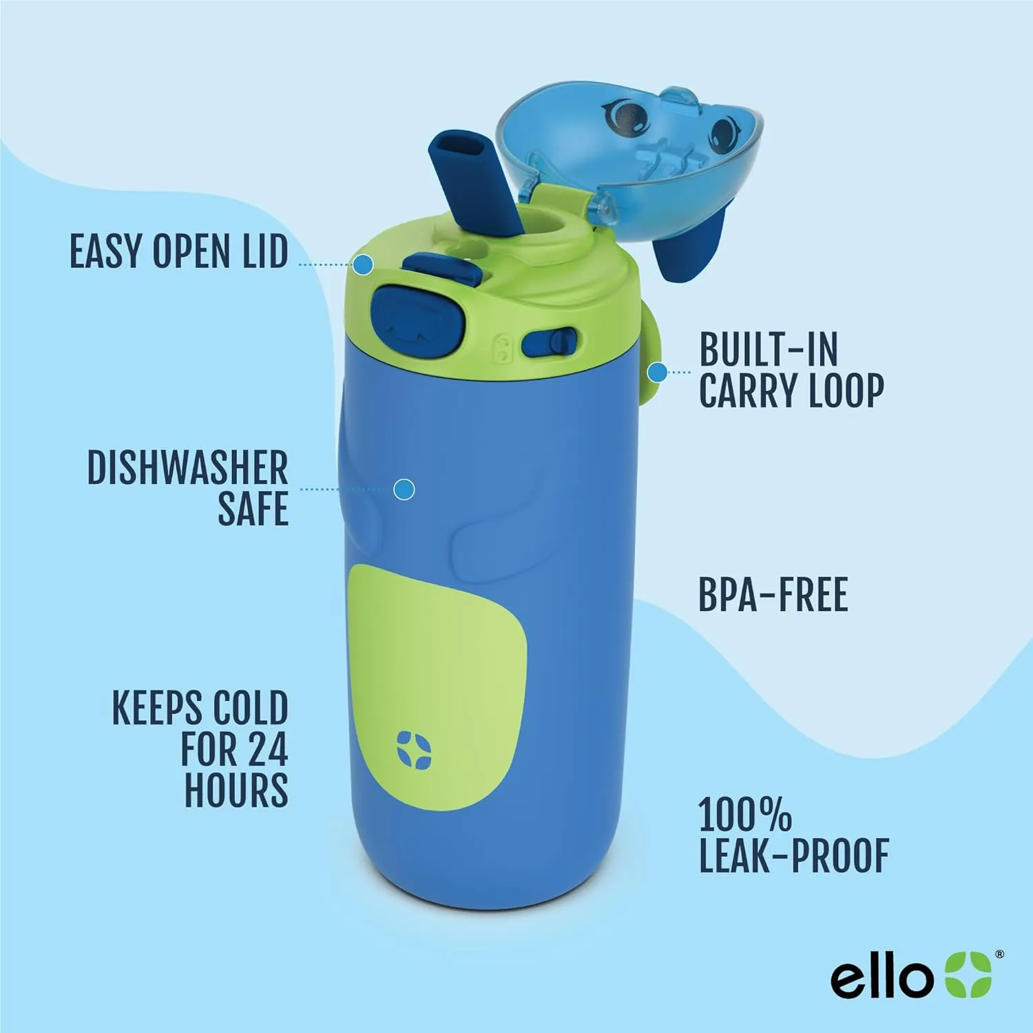 Ello Ellies 12oz Vacuum Insulated Stainless Steel Kids Water Bottle with Straw and Built-in Carrying Handle and Leak-Proof Locking Lid for School Backpack, Lunchbox and Outdoor Sports