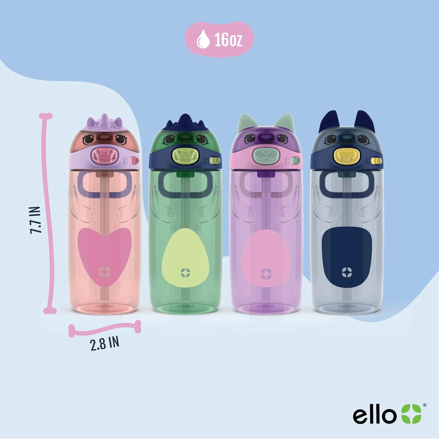 Ello Ellies 16oz Plastic Kids Water Bottle with Straw and Built-in Carrying Handle and Leak-Proof Locking Lid for School backpack, Lunchbox and Outdoor Sports