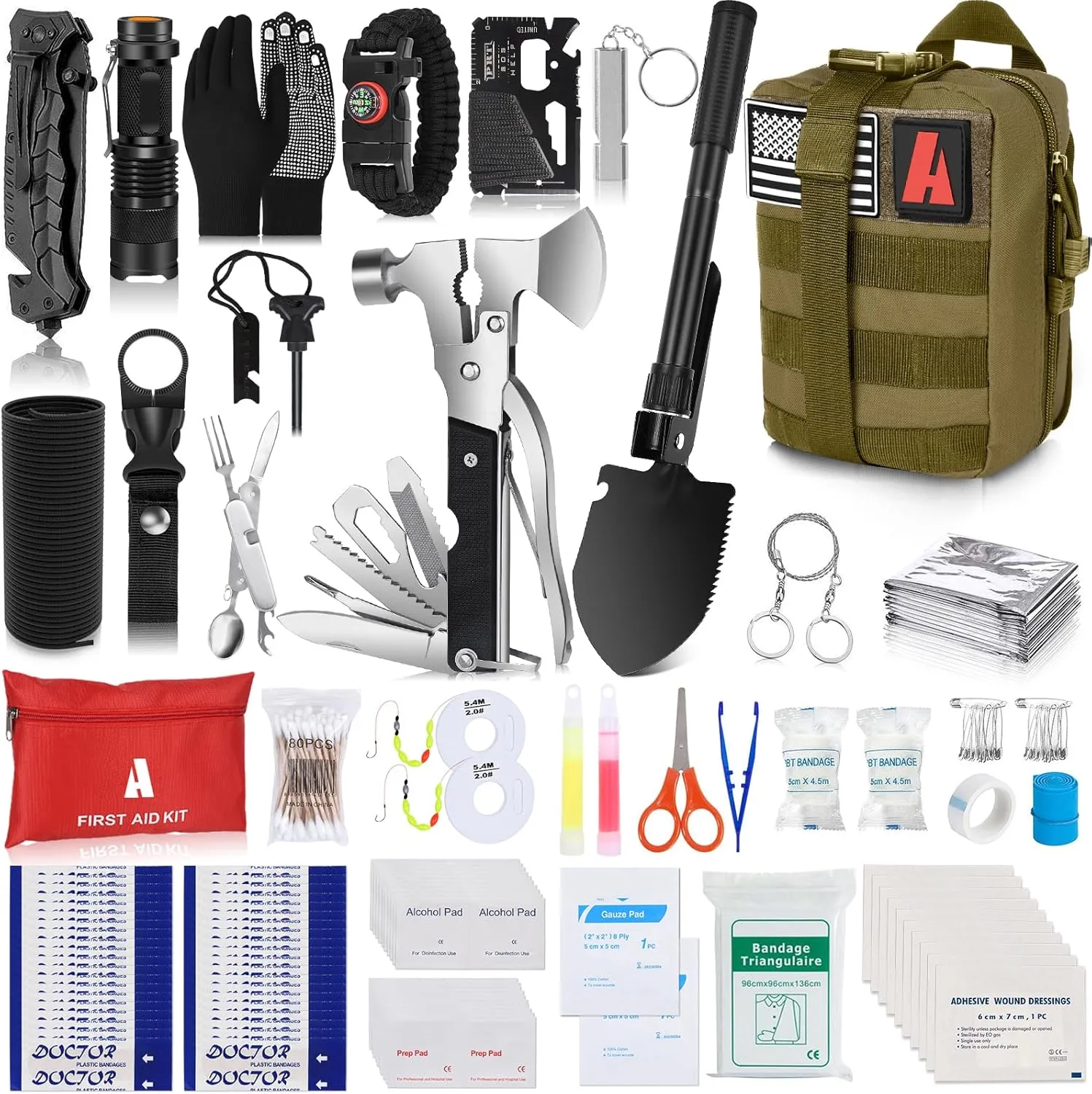 Emergency Survival Kit 257 pcs Professional Survival Gear Tool Tactical First Aid Kit Outdoor Trauma Bag with Molle Pouch for Camping Hiking