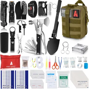 Emergency Survival Kit 257 pcs Professional Survival Gear Tool Tactical First Aid Kit Outdoor Trauma Bag with Molle Pouch for Camping Hiking