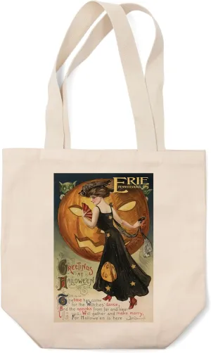 Erie, Pennsylvania, Halloween Greeting, Witch Dancing and Pumpkin, Vintage Artwork (100% Cotton Canvas Reusable Tote Bag)