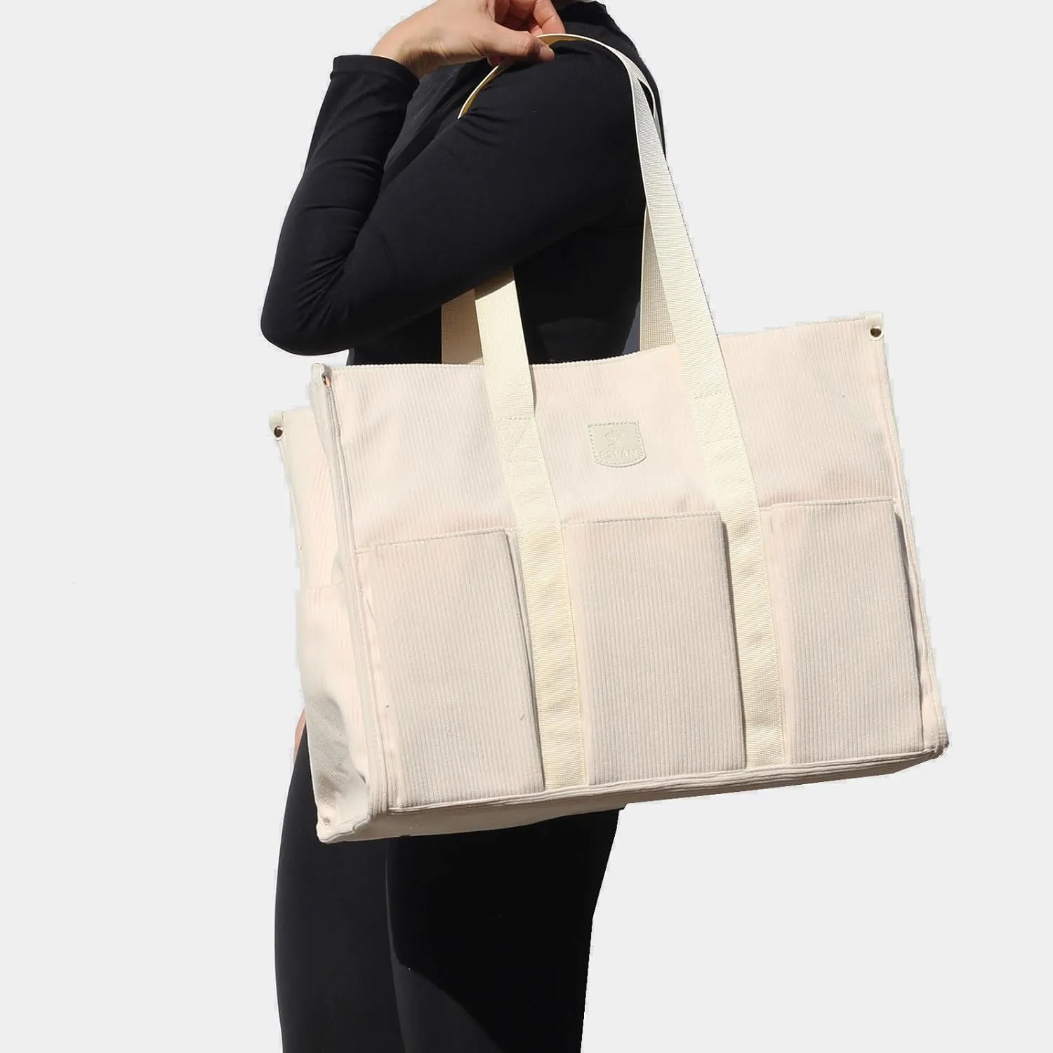 ESVAN Utility Tote Bag with Zip Top Corduroy Shoulder Bag Teacher Bag for Teacher Work Women Travel Beach