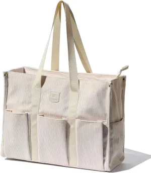 ESVAN Utility Tote Bag with Zip Top Corduroy Shoulder Bag Teacher Bag for Teacher Work Women Travel Beach