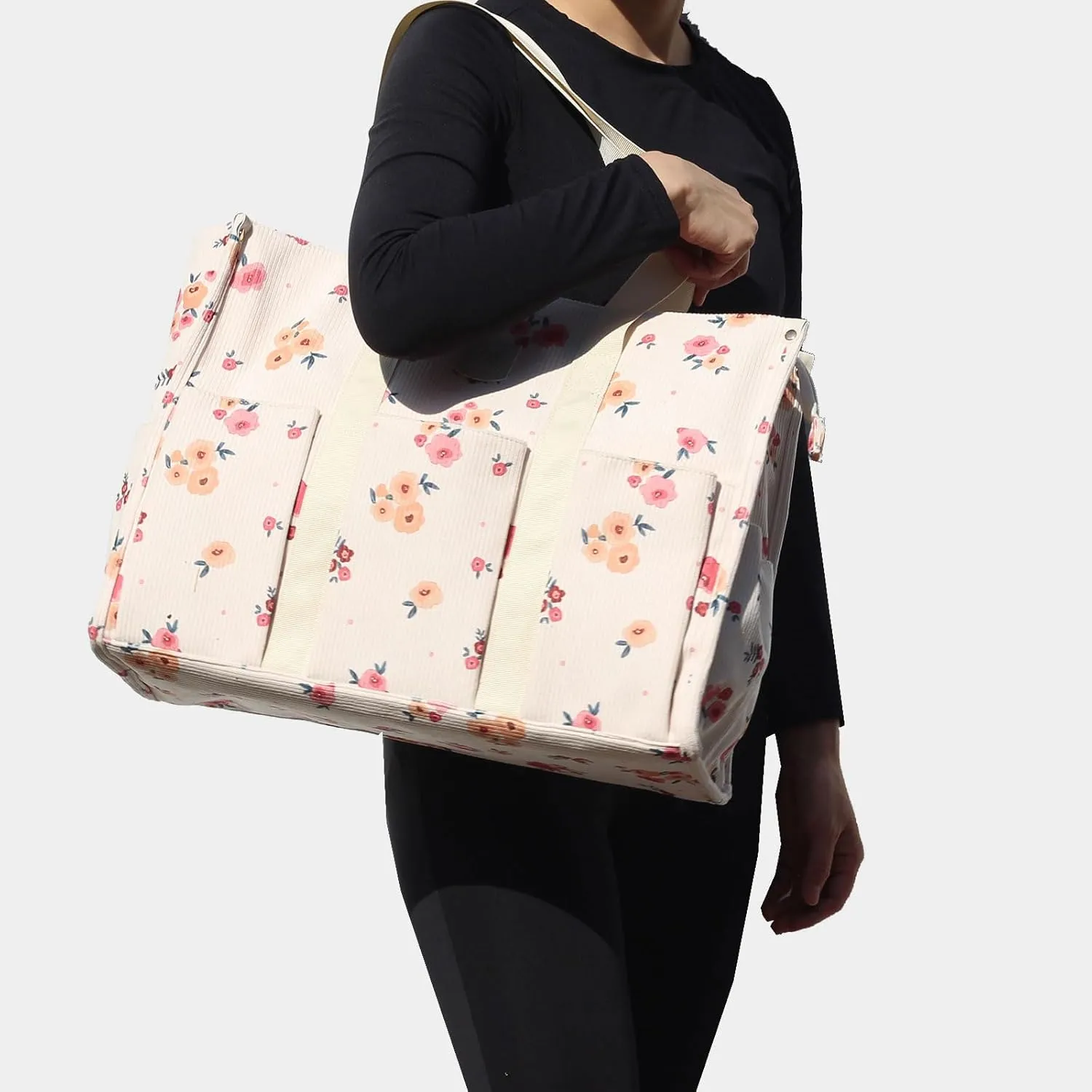ESVAN Utility Tote Bag with Zip Top Corduroy Shoulder Bag Teacher Bag for Teacher Work Women Travel Beach