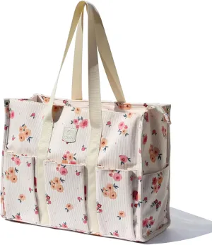 ESVAN Utility Tote Bag with Zip Top Corduroy Shoulder Bag Teacher Bag for Teacher Work Women Travel Beach