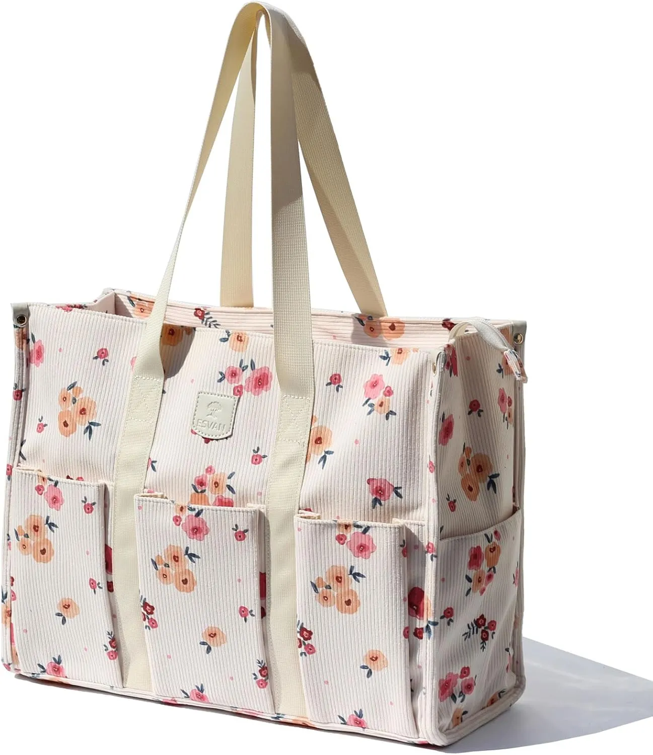 ESVAN Utility Tote Bag with Zip Top Corduroy Shoulder Bag Teacher Bag for Teacher Work Women Travel Beach