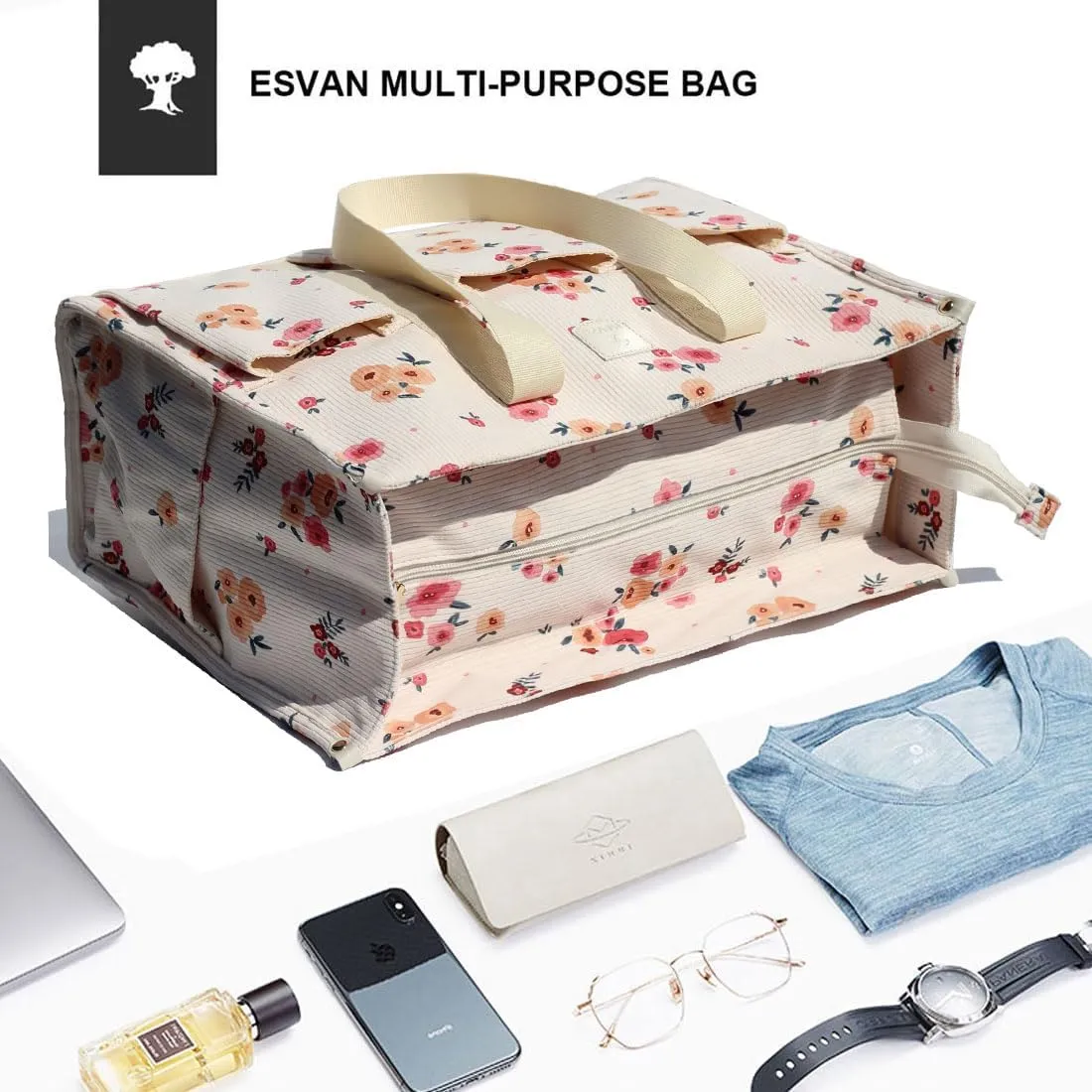ESVAN Utility Tote Bag with Zip Top Corduroy Shoulder Bag Teacher Bag for Teacher Work Women Travel Beach