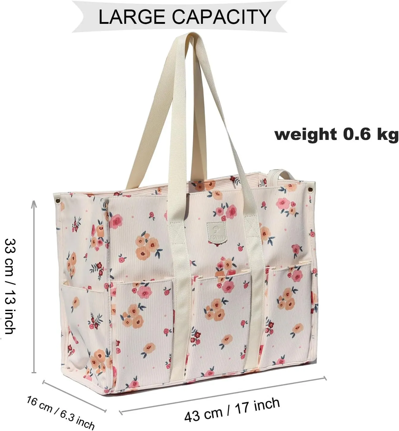 ESVAN Utility Tote Bag with Zip Top Corduroy Shoulder Bag Teacher Bag for Teacher Work Women Travel Beach